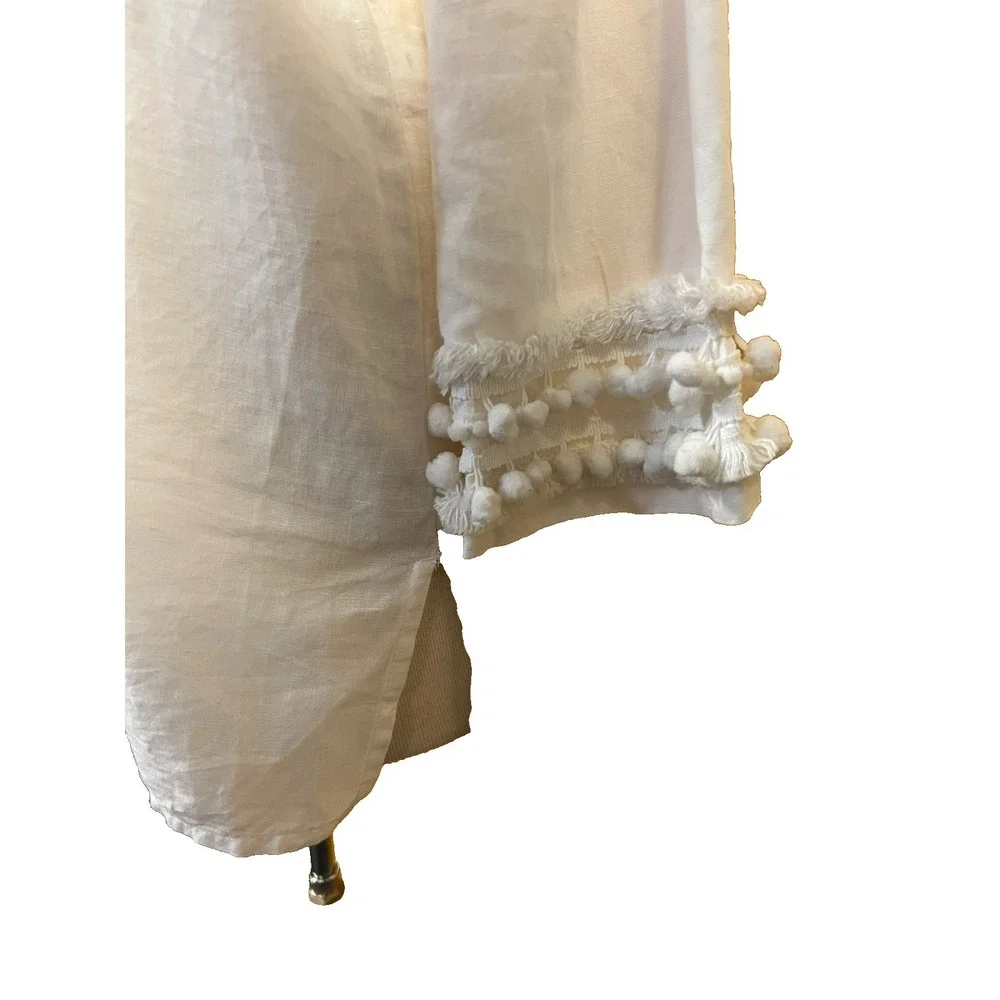 Chico's SZ 1 White Linen Tunic Top Pompom + Fringe Accented‎ V-Neck 3/4 Sleeves